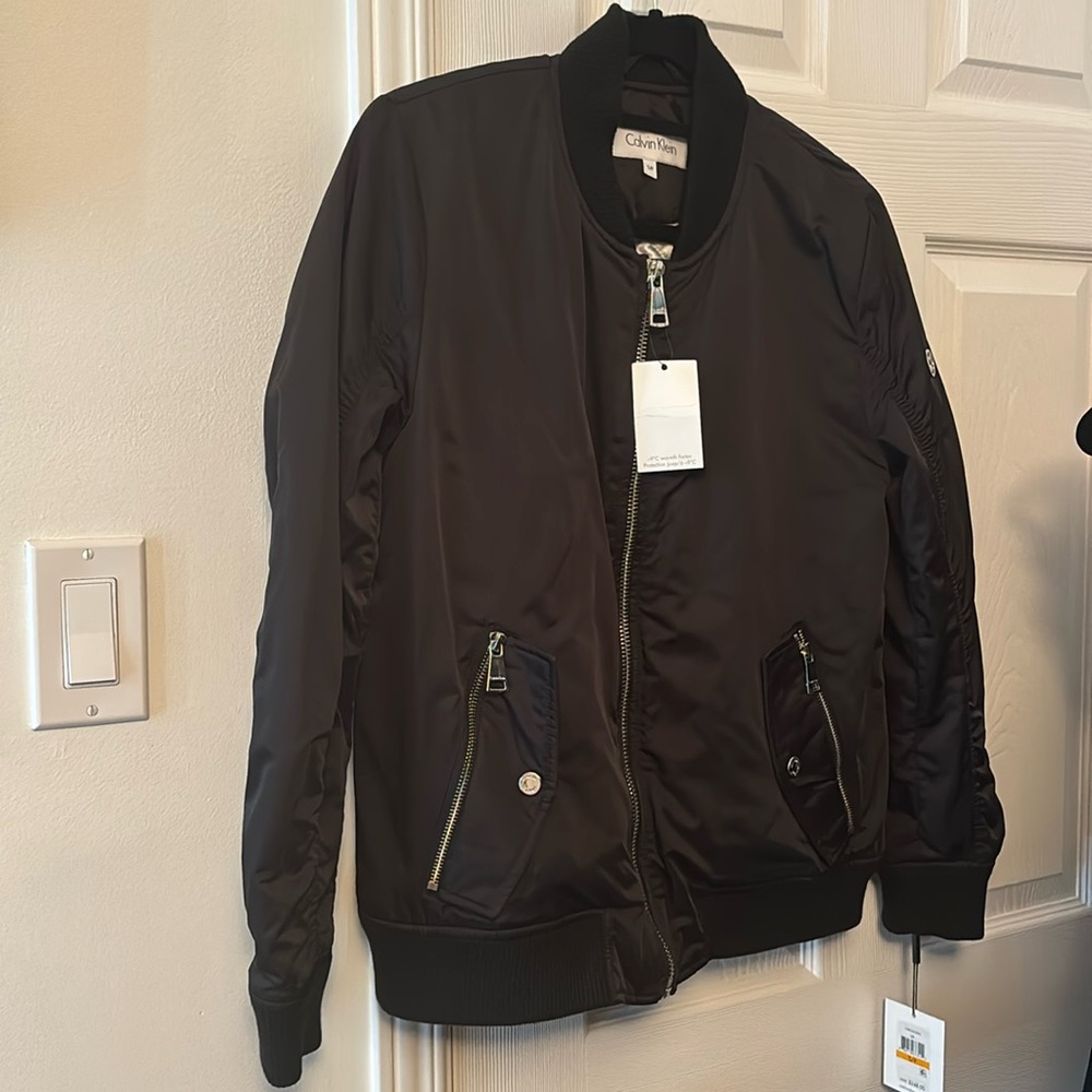Calvin Klein Women's Black Bomber Jacket with Silver Accents